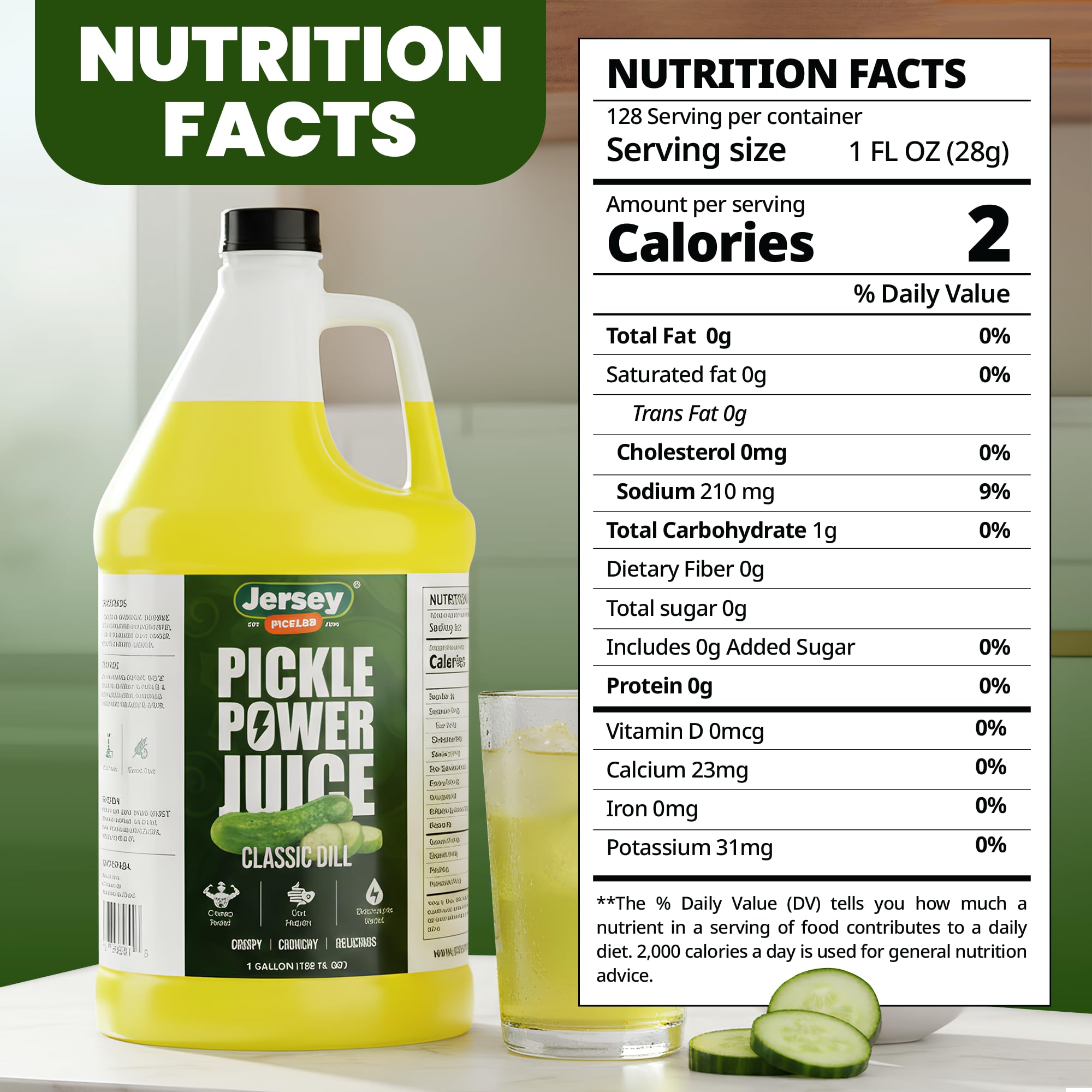 Jersey Pickles comparación de tamaño una galón frente a botella común