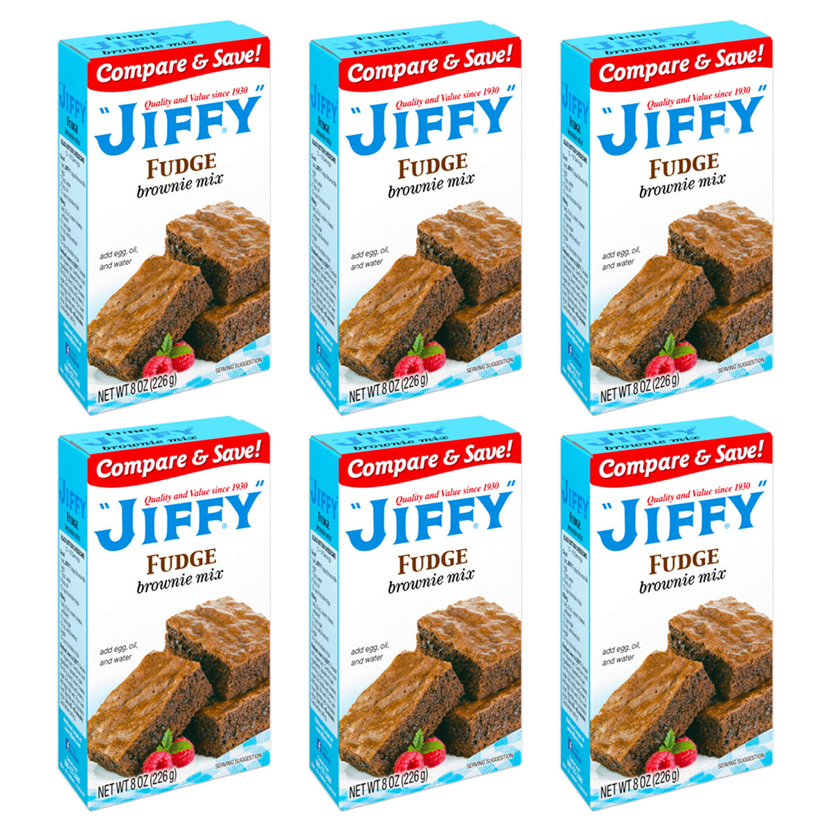 Jiffy pop caja de mezcla Fudge Brownie al frente, muestra práctico empaque para hornear rápido