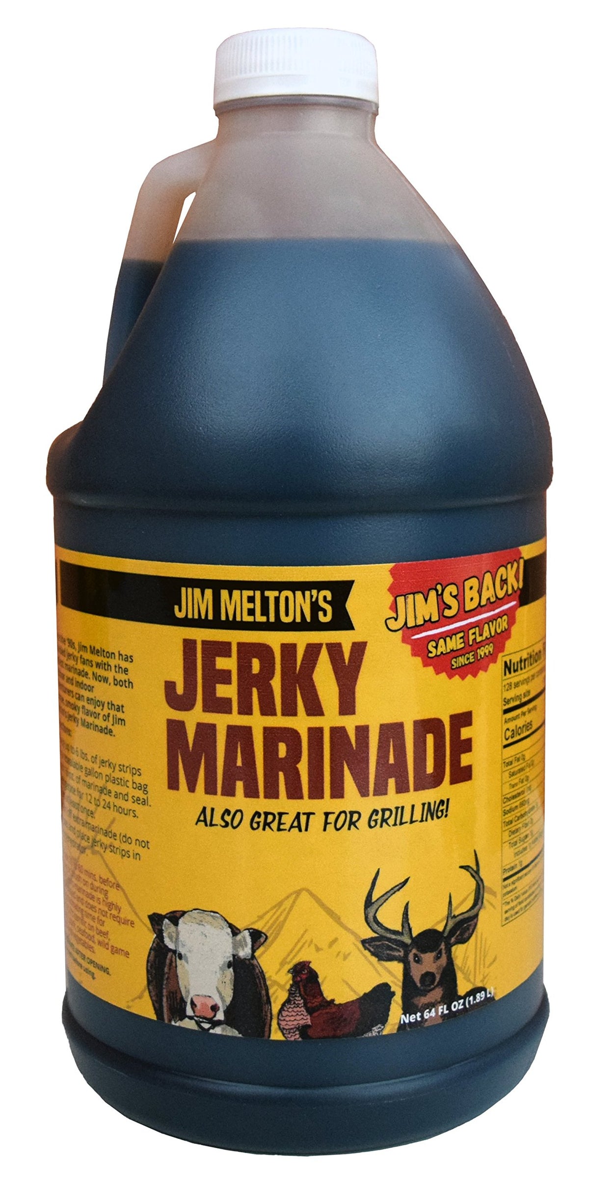 Jim Melton's frasco frontal mostrando etiqueta hickory smoke y conveniencia
