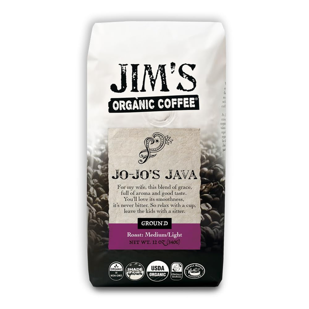 Jim’s Organic Coffee frente del empaque mostrando bolsa de 12 oz y beneficio de frescura