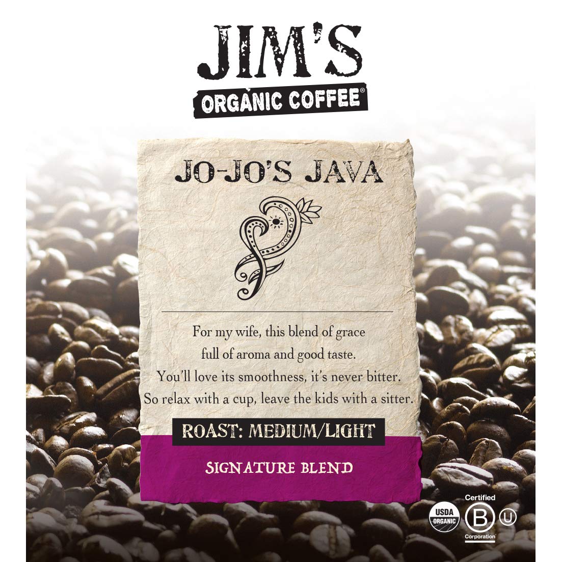 Jim’s Organic Coffee textura del café molido en primer plano con aroma preservado