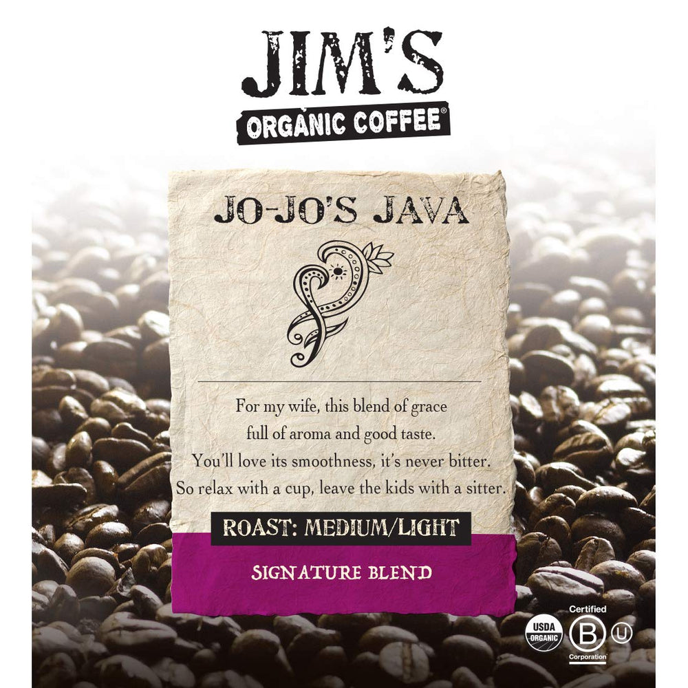 Jim’s Organic Coffee textura del café molido en primer plano con aroma preservado