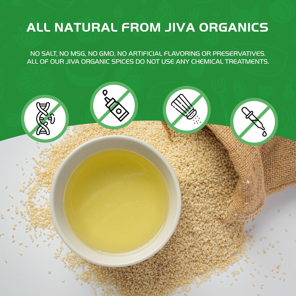 Jiva Organics botella junto a semillas de sésamo, muestra origen