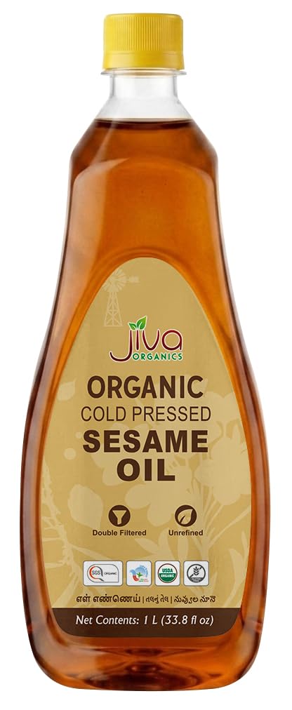 Jiva Organics botella frontal, aceite de sésamo orgánico, ahorro y pureza