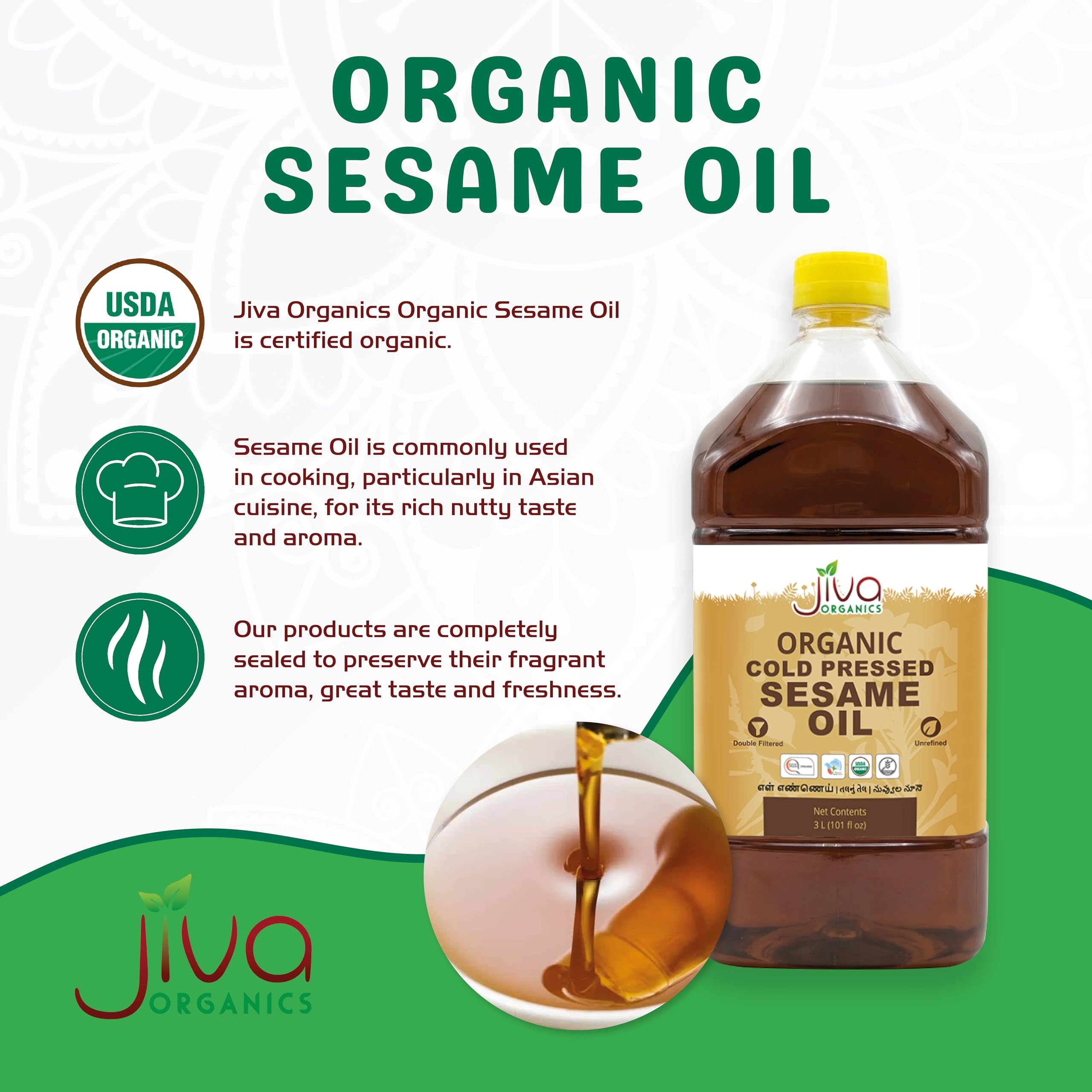 Jiva Organics botella 3 litros junto a objetos para comparar tamaño
