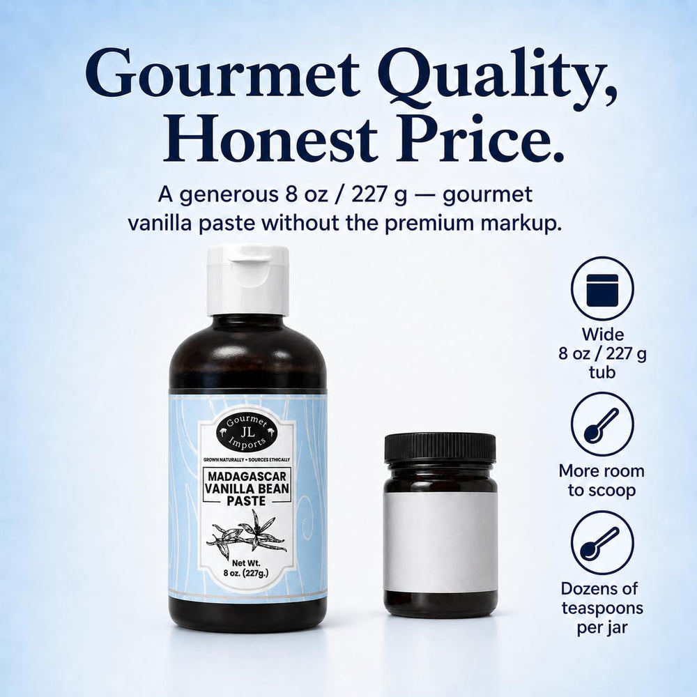 JL Gourmet Imports frasco junto a utensilios para comparar tamaño