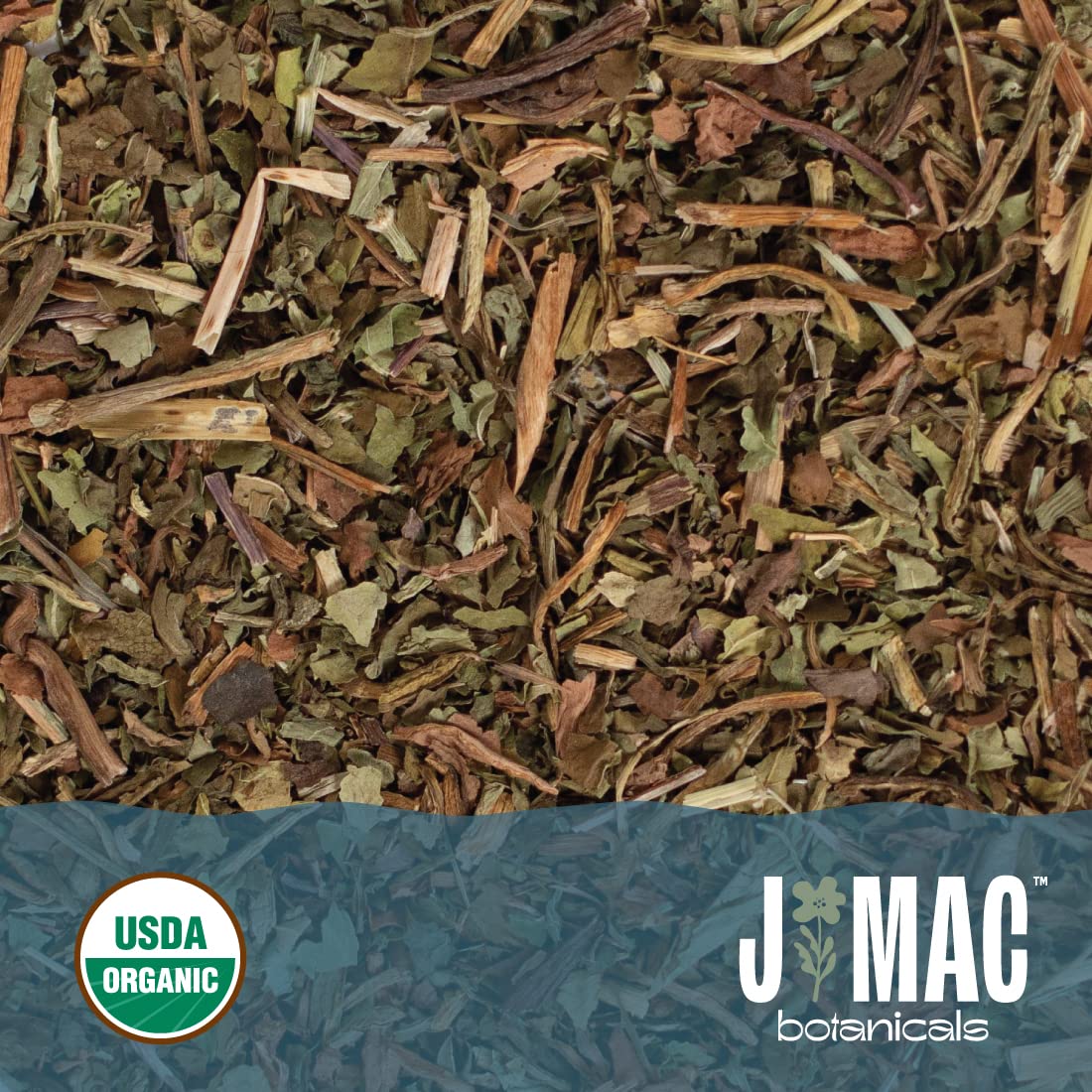 J MAC BOTANICALS bolsa abierta mostrando contenido cortado y tamizado