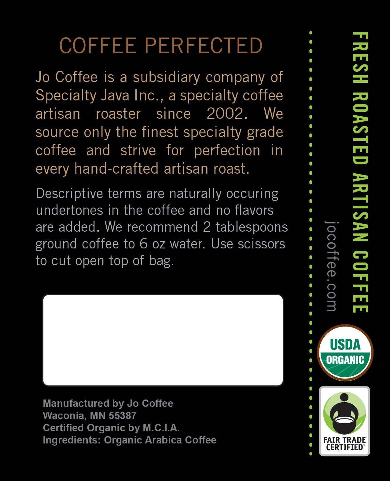 Jo Coffee etiqueta con sellos USDA, Fair Trade y Kosher