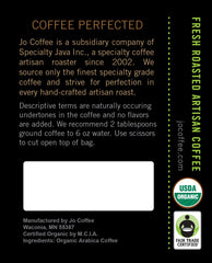 Jo Coffee etiqueta con sellos USDA, Fair Trade y Kosher