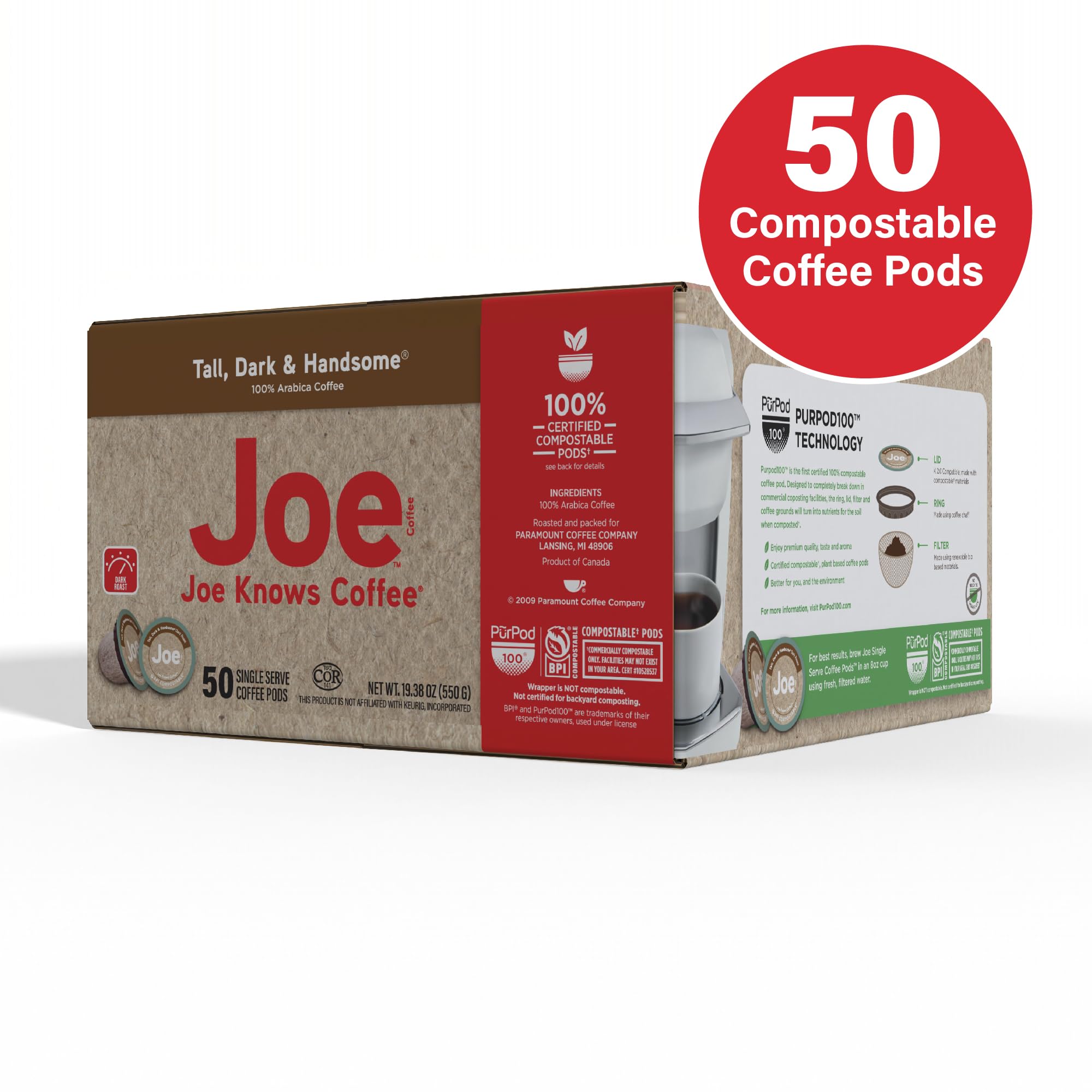 Joe Knows Coffee primer plano de cápsula compostable, detalle y calidad