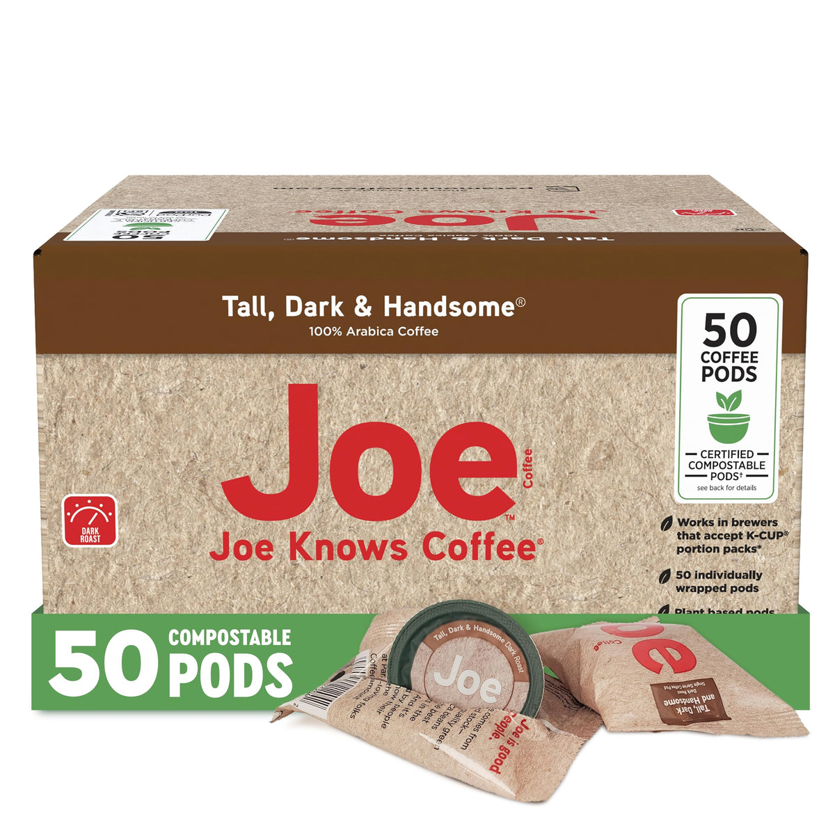 Joe Knows Coffee vista frontal de la caja mostrando 50 cápsulas, conveniencia