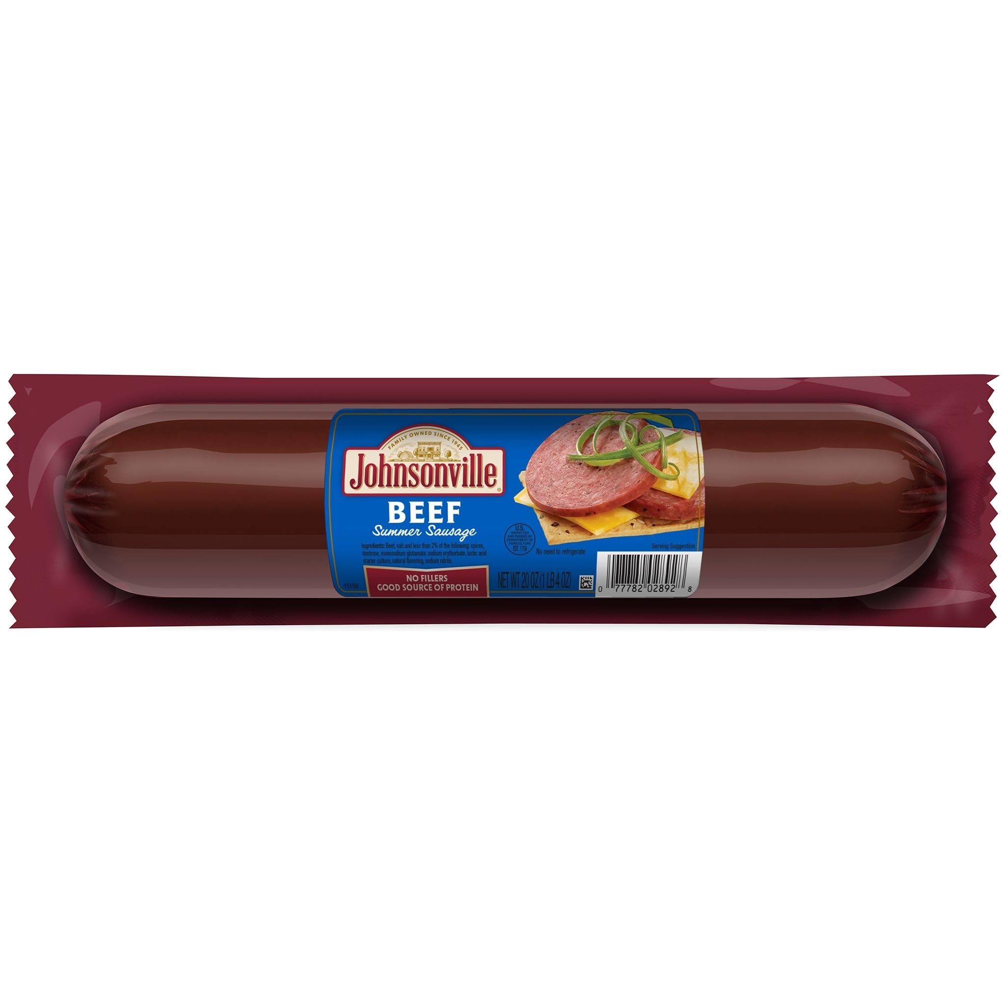 Johnsonville empaque frontal mostrando la salchicha lista para servir y facilitar aperitivos