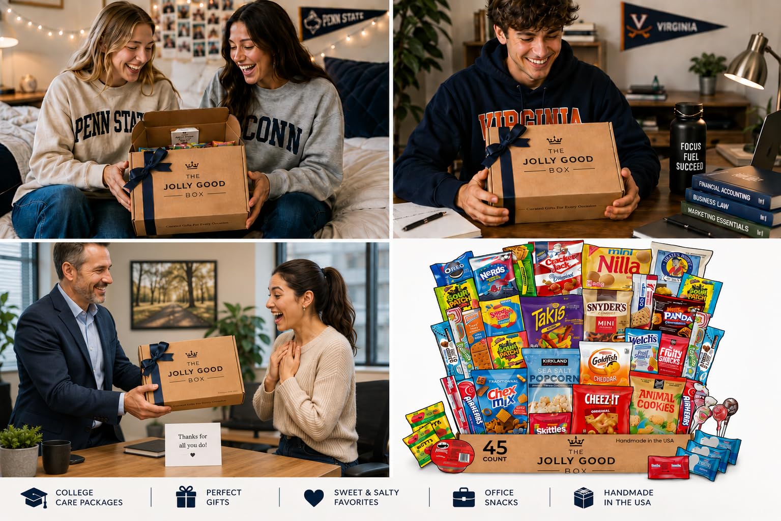 Jolly Good Care Packages comparación de tamaño, caja compacta fácil de enviar