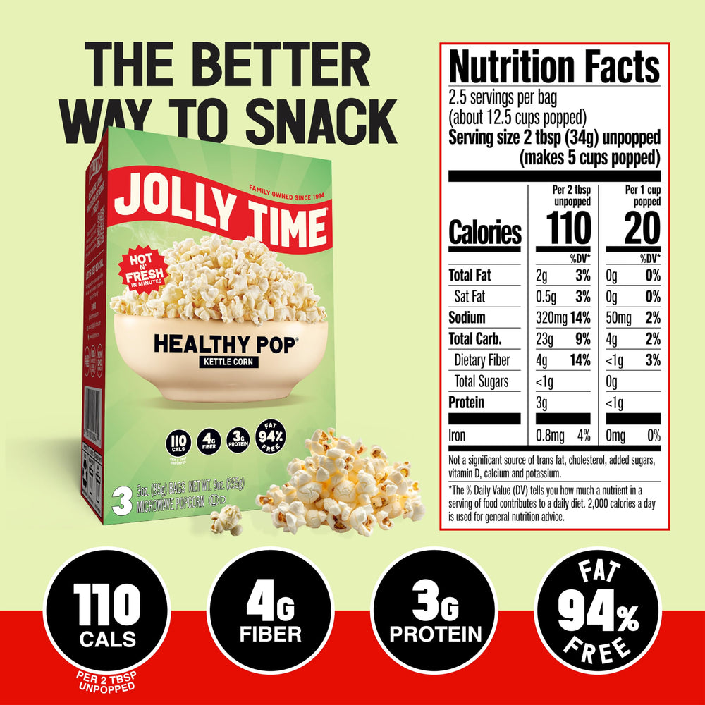Jolly Time bolsa individual de 3 oz enfocada en porción práctica y listo para microondas