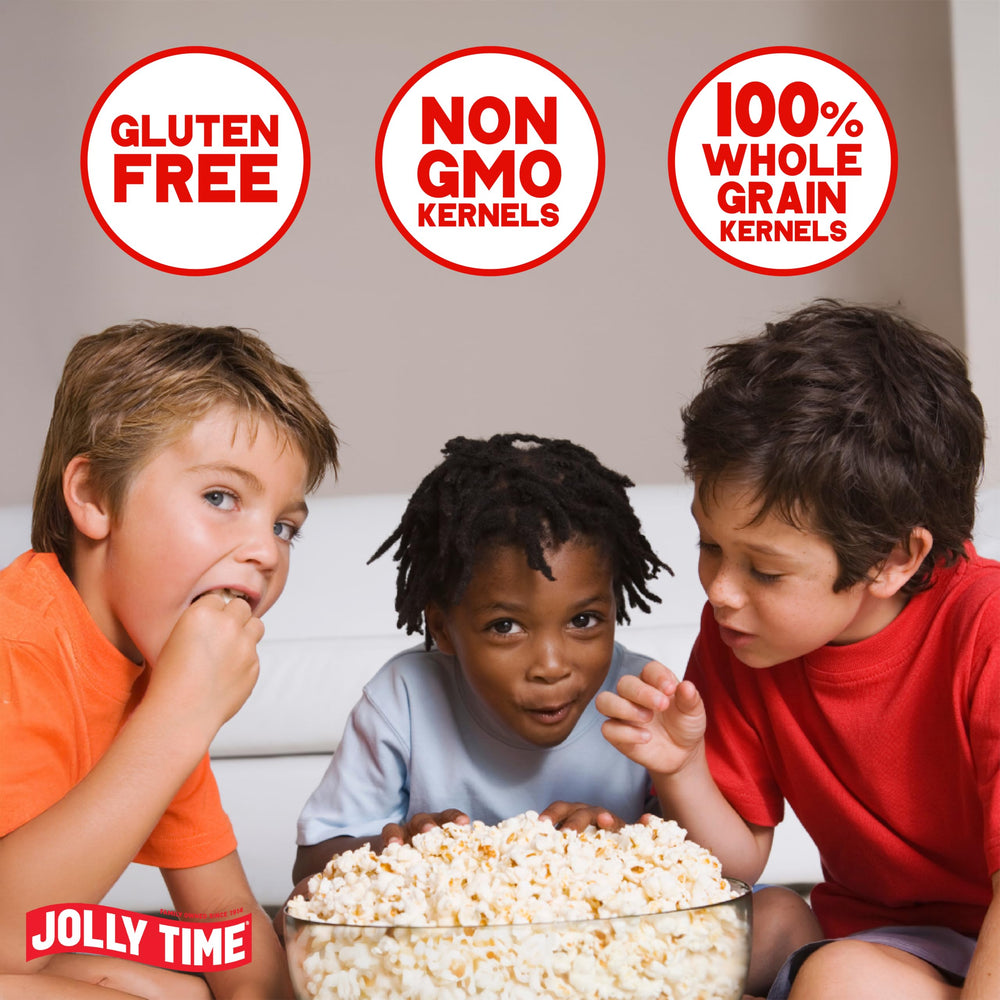 Jolly Time palomitas reventadas en primer plano con glaseado crujiente y textura apetecible