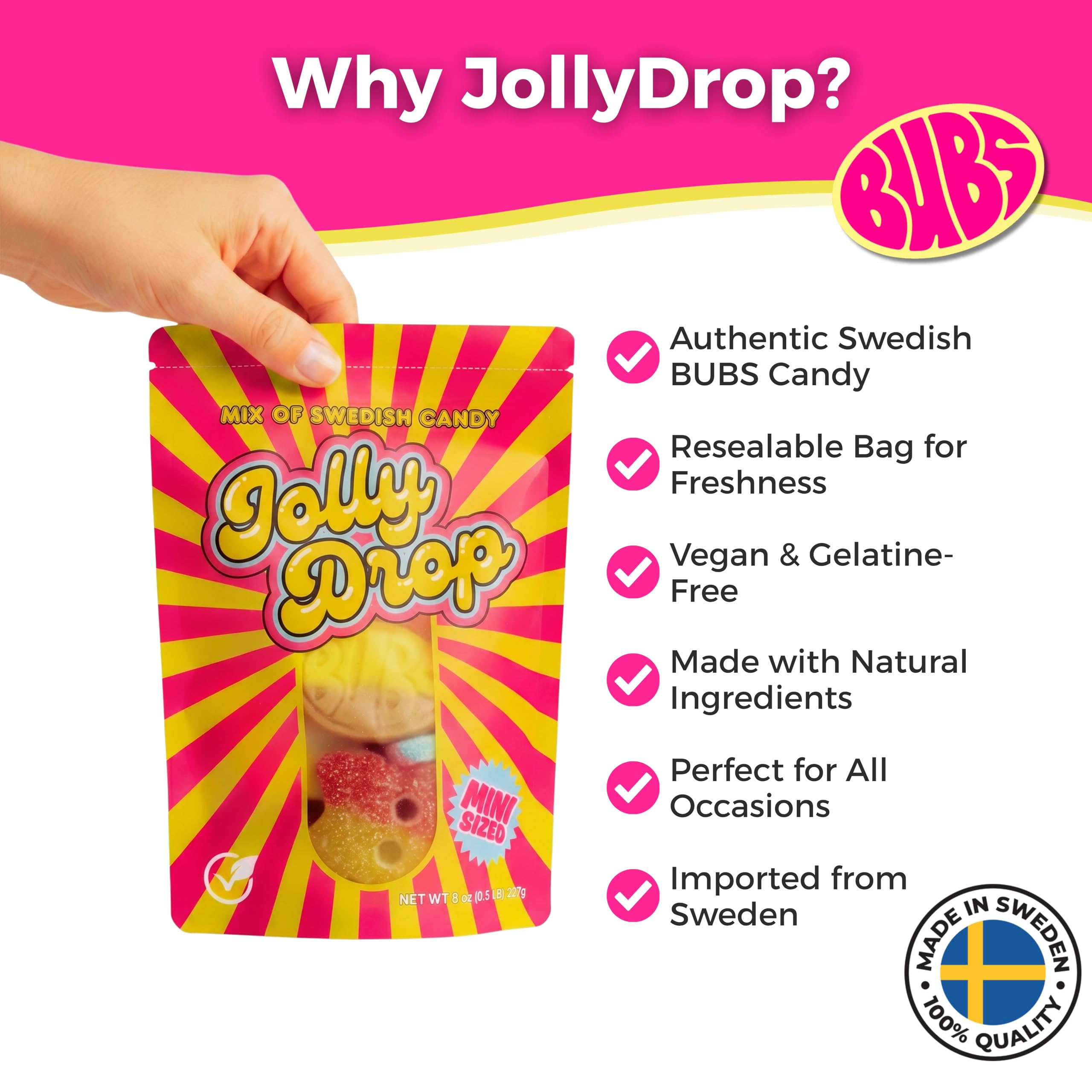 JollyDrop mezcla Bubs en mano para mostrar tamaño y porción conveniente