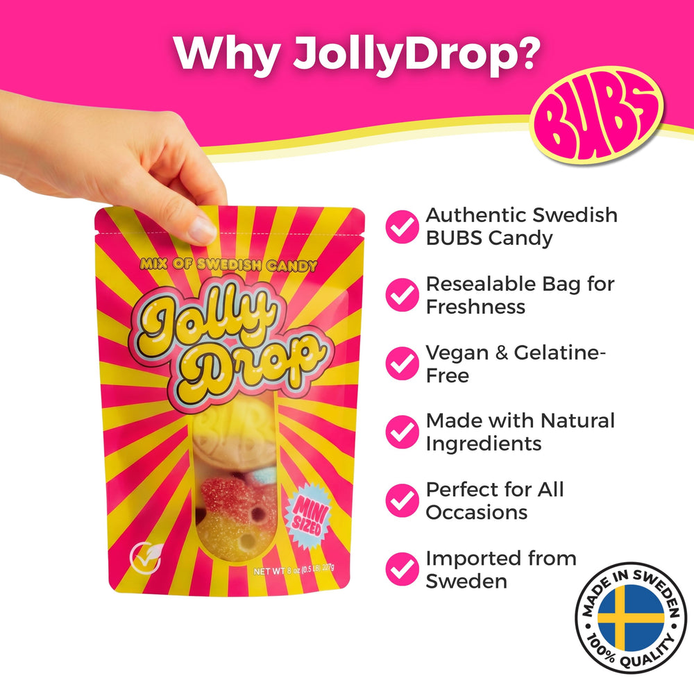 JollyDrop mezcla Bubs en mano para mostrar tamaño y porción conveniente