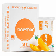 jonesbar vista frontal del paquete mostrando sabor mango almendra y conveniencia