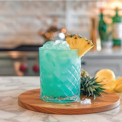 Jordan's Skinny Mixes jarabe Mermaid en vaso con hielo, aporta sabor tropical