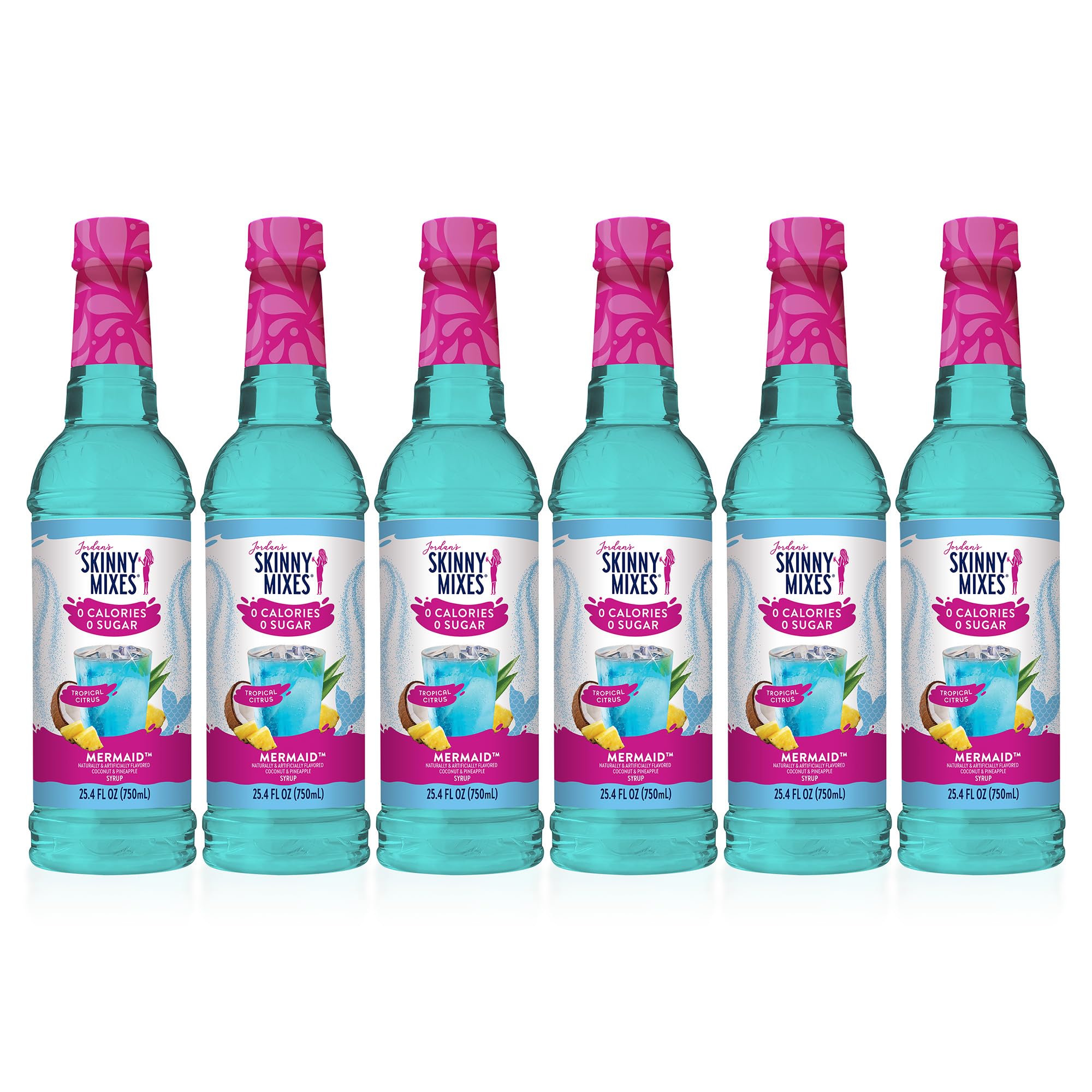 Jordan's Skinny Mixes botella frente mostrando diseño y color mermaid, sabor tropical inmediato