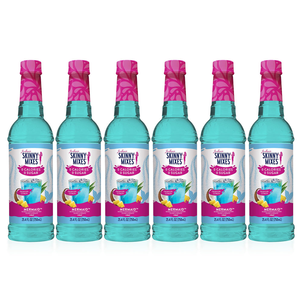 Jordan's Skinny Mixes botella frente mostrando diseño y color mermaid, sabor tropical inmediato