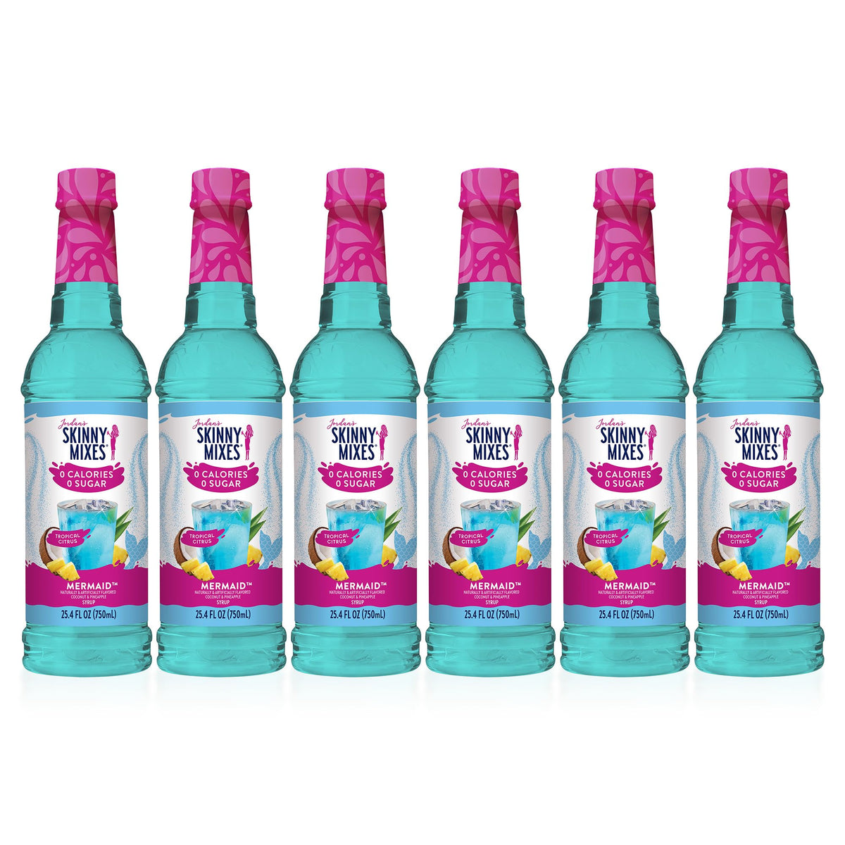 Jordan's Skinny Mixes botella frente mostrando diseño y color mermaid, sabor tropical inmediato