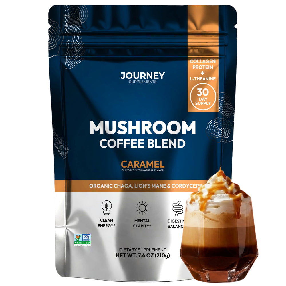 Journey Supplements envase frontal que muestra porciones y sabor caramelo