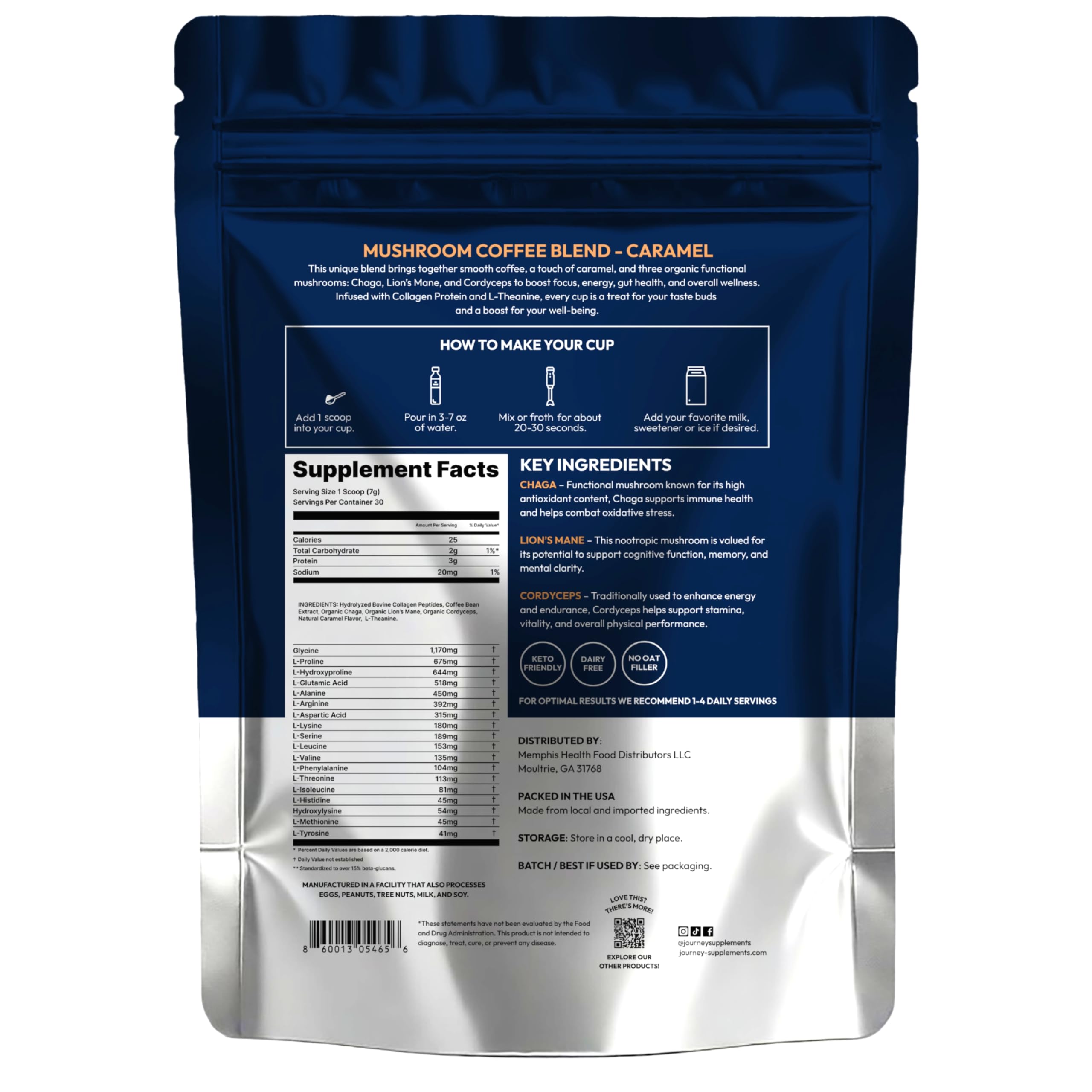 Journey Supplements polvo de mushroom coffee mostrando textura fina y cremosa