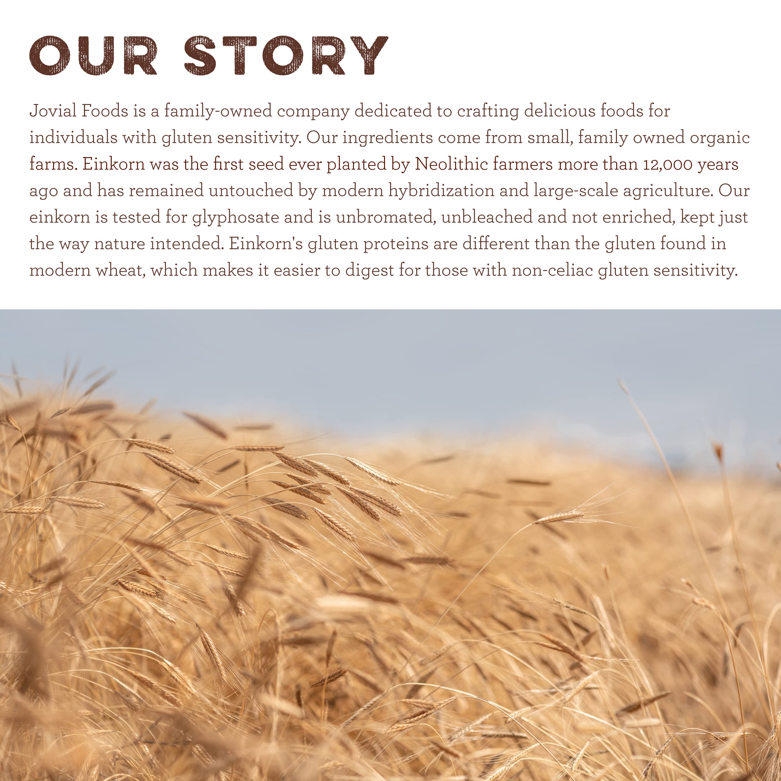 Etiqueta del paquete Jovial Einkorn con certificaciones USDA Organic y Non-GMO Project visibles