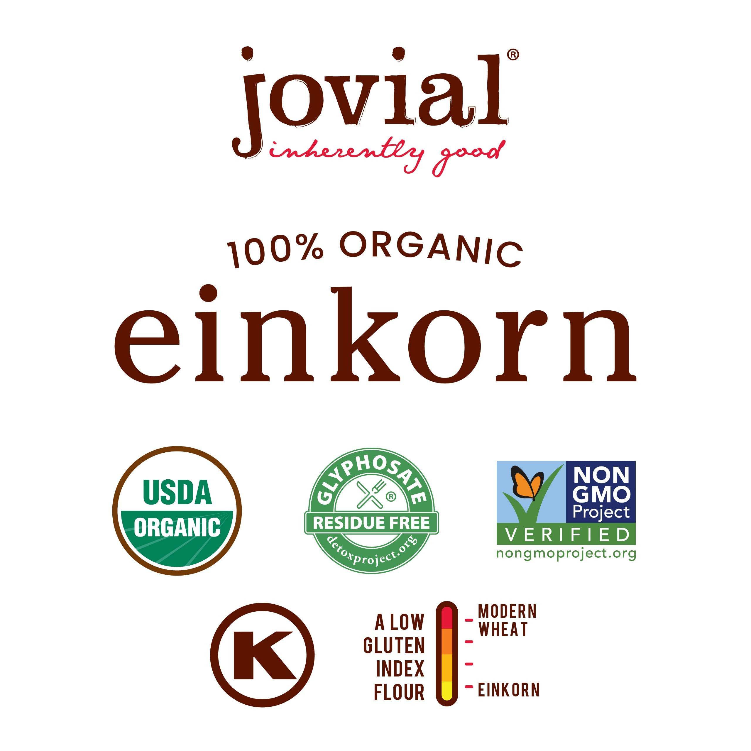 Jovial etiqueta con certificaciones orgánicas y Non‑GMO, asegura trazabilidad