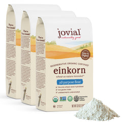 Jovial frente del empaque mostrando marca y harina einkorn, claridad y confianza