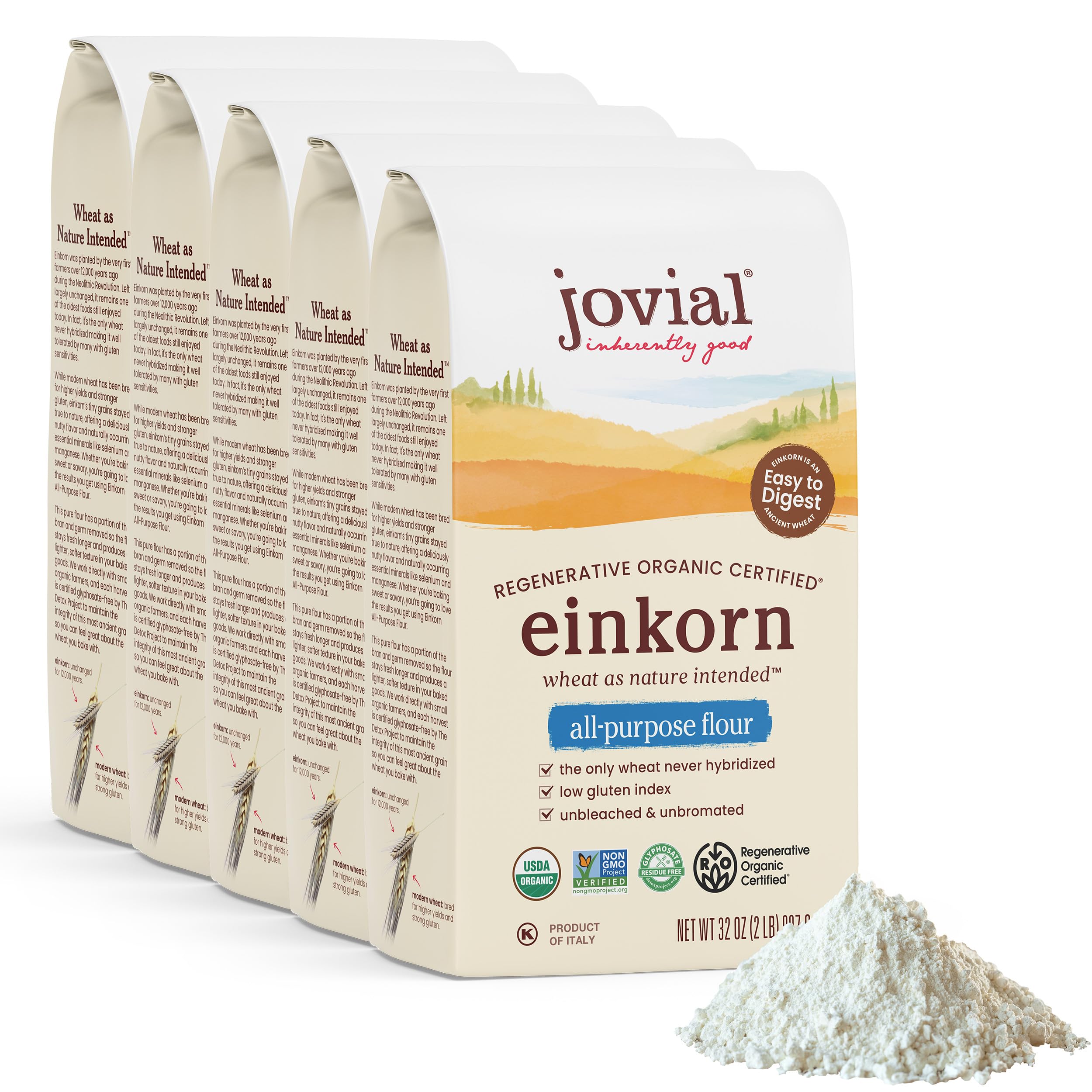 Jovial paquete frontal de einkorn mostrando sello orgánico y beneficio natural