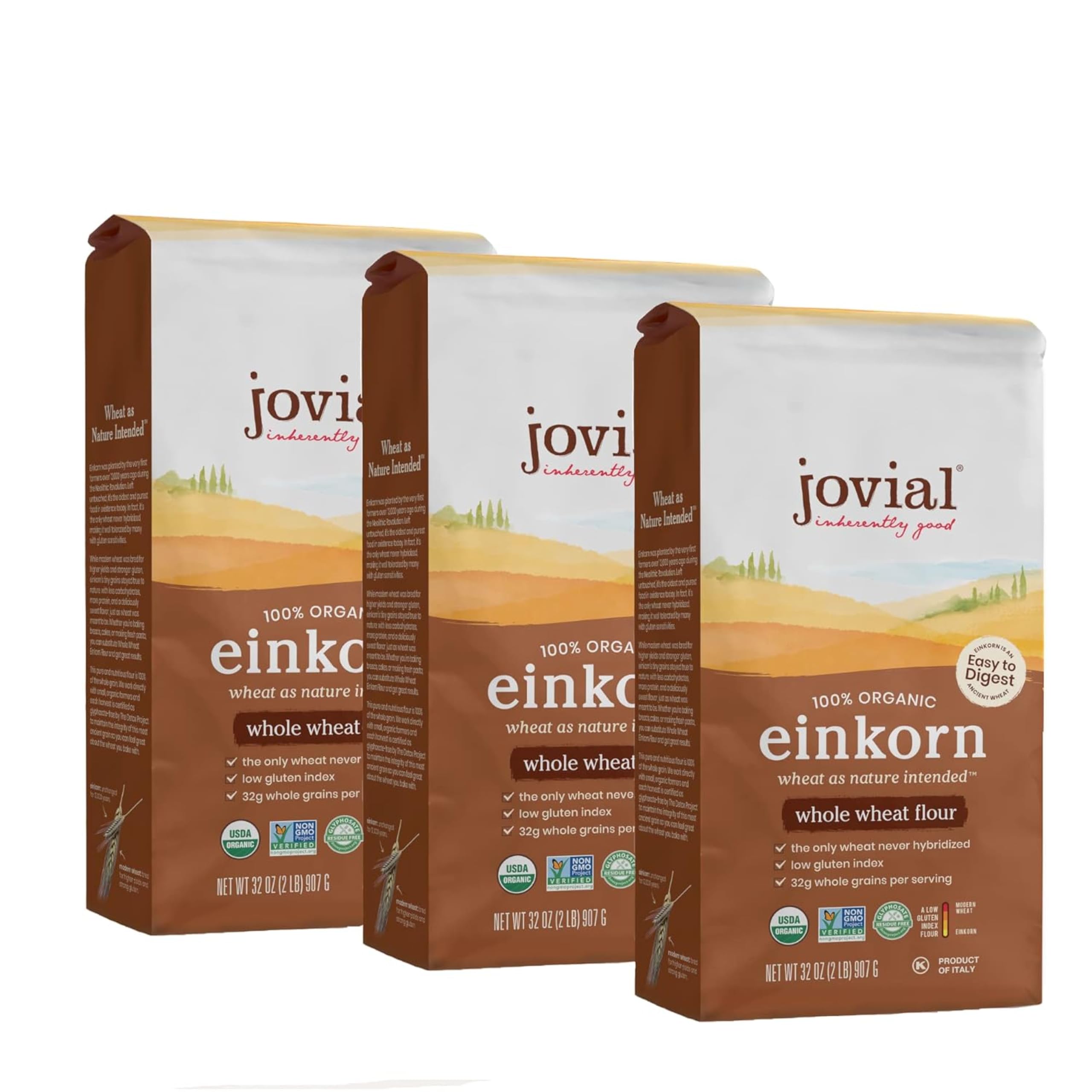 Jovial paquete frontal de harina de einkorn orgánica mostrando diseño y peso