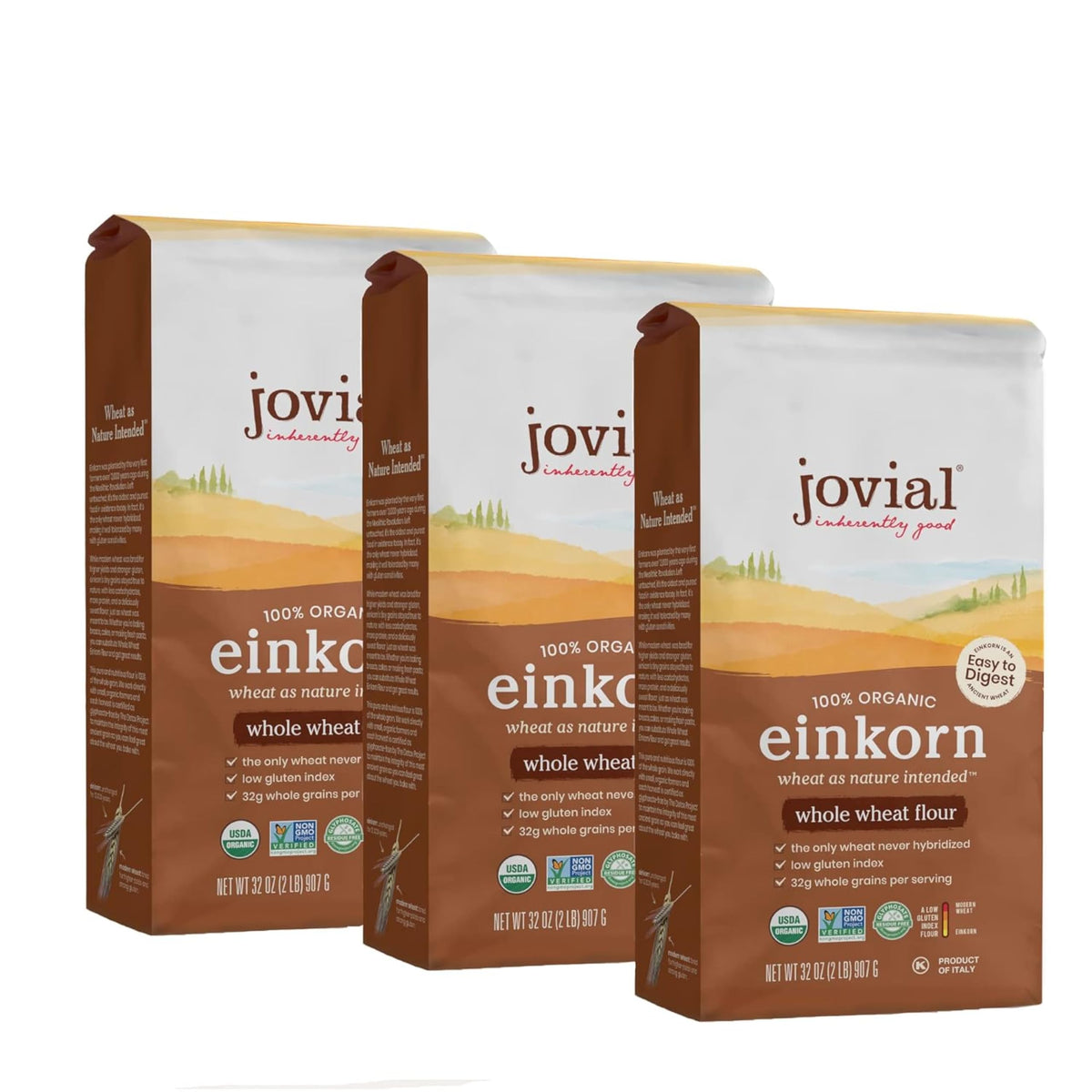 Jovial paquete frontal de harina de einkorn orgánica mostrando diseño y peso