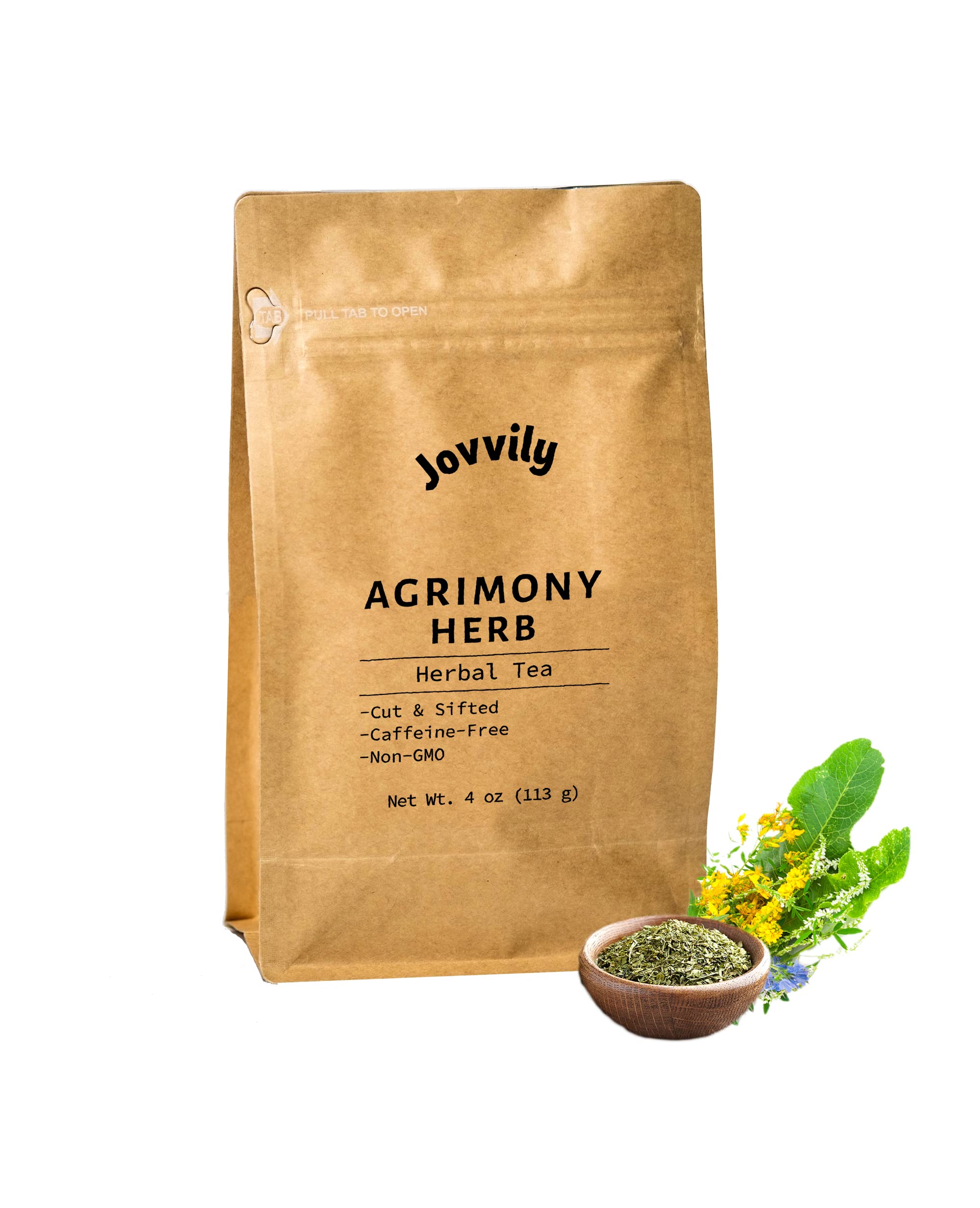 Jovvily agrimony frente del envase mostrando diseño y cantidad 4 oz