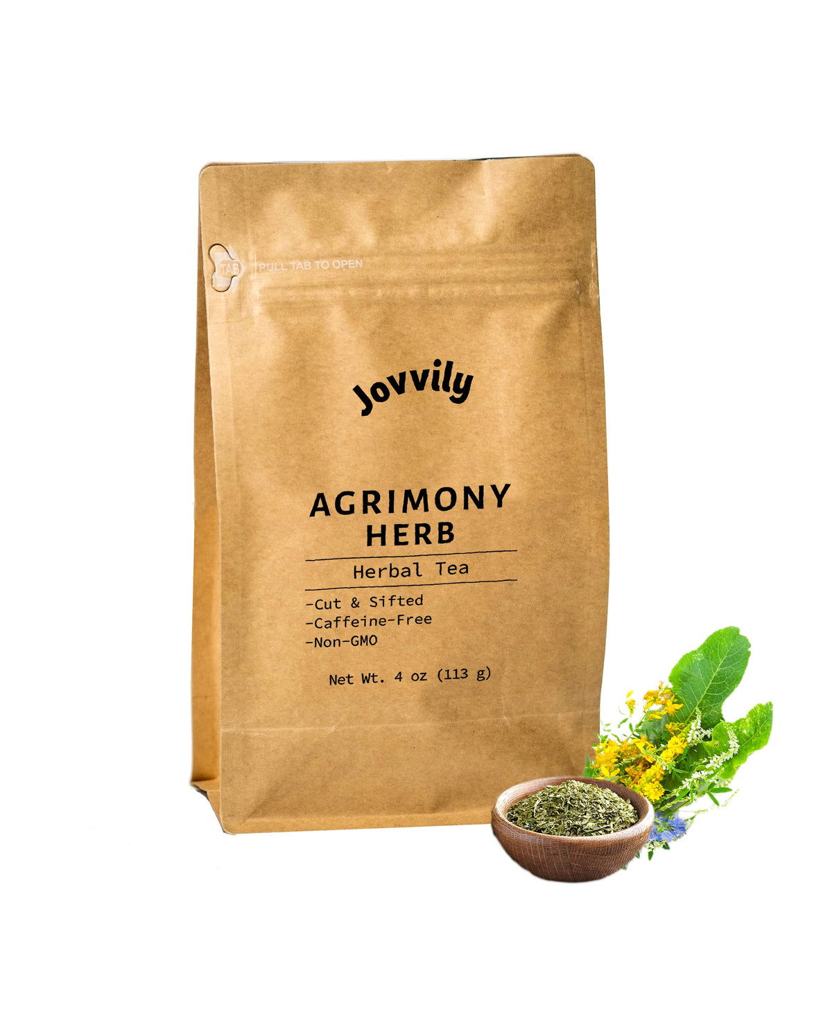 Jovvily agrimony frente del envase mostrando diseño y cantidad 4 oz