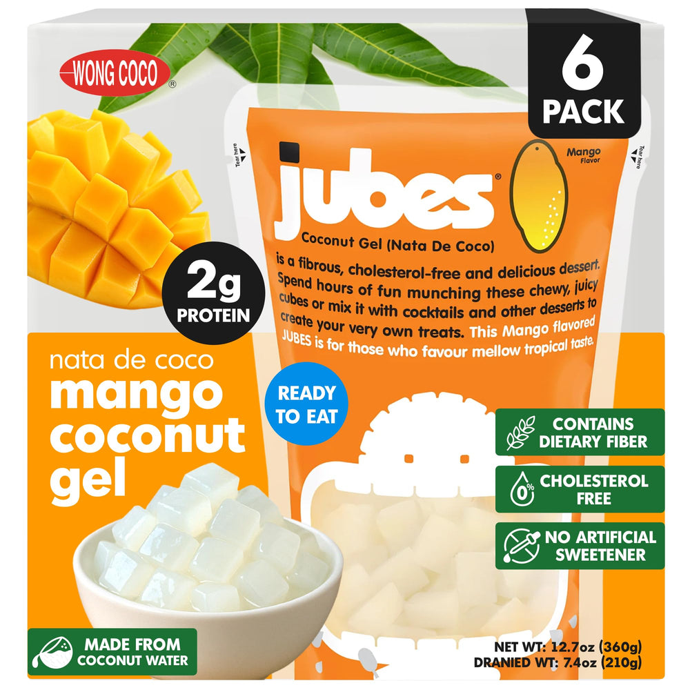 Jubes frasco frontal mostrando cubos de mango nata de coco y atractivo visual