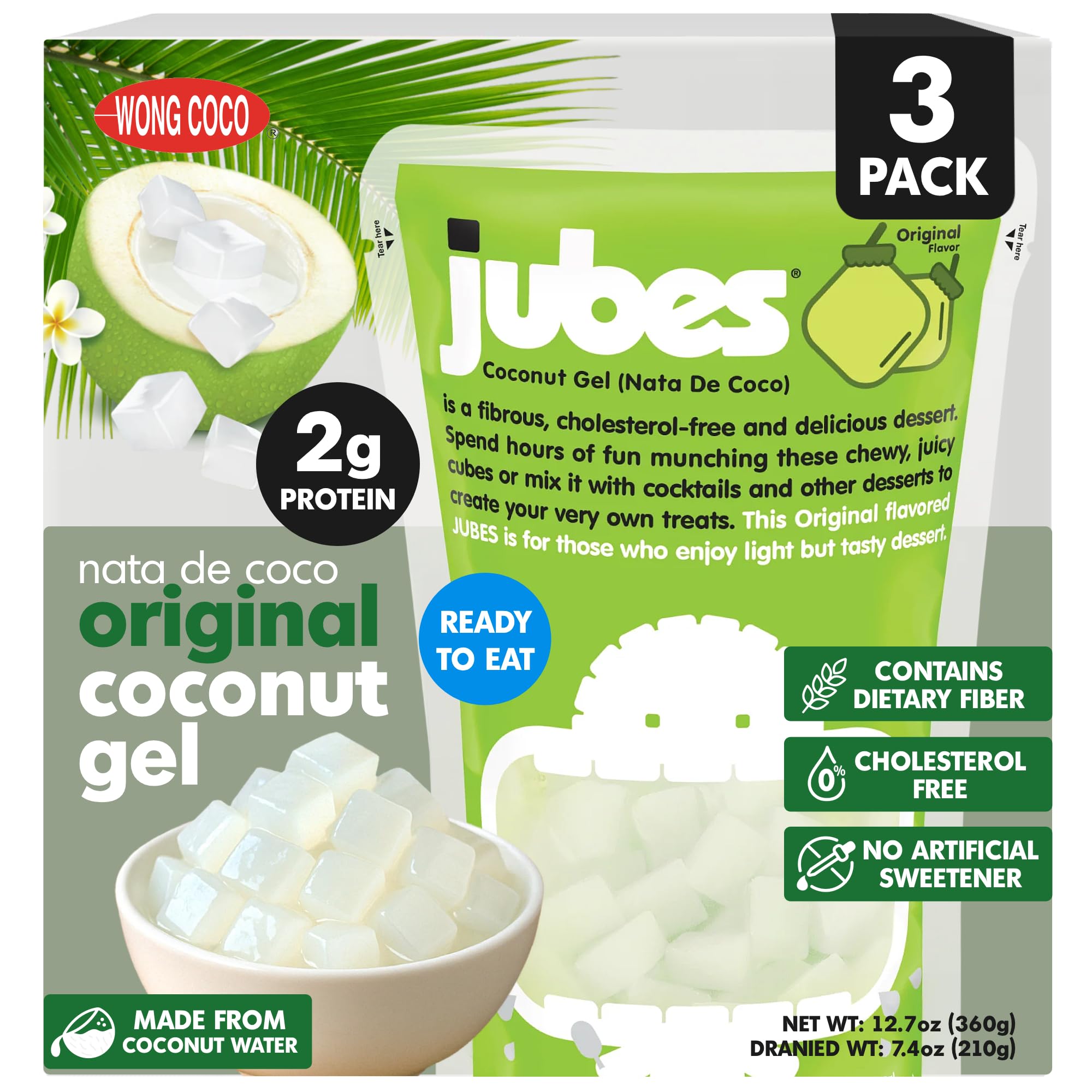 Jubes envase frontal con cubos pandan y nata de coco, atractiva presentación