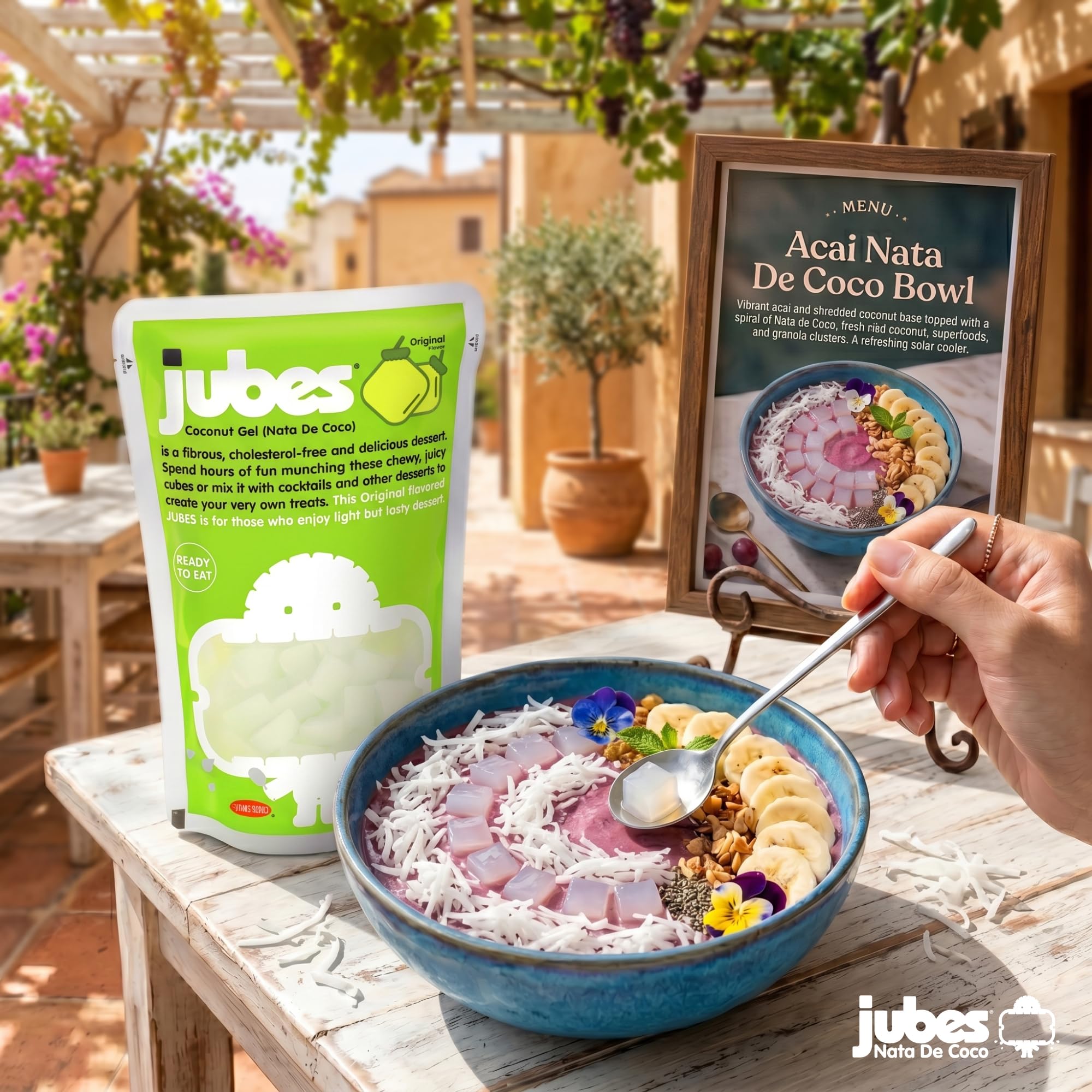 Cucharada de yogur con Jubes encima, Jubes mejoran sabor y textura