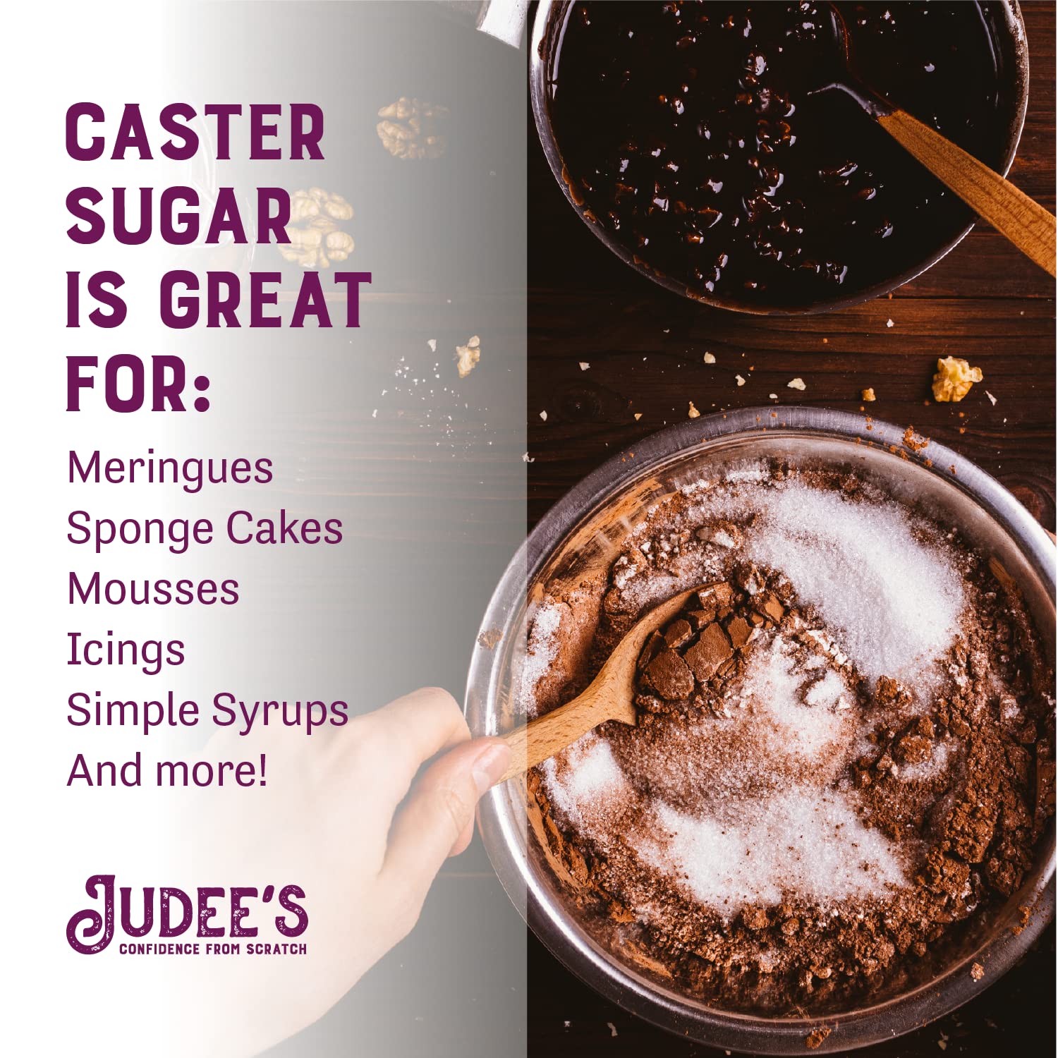Judee's gluten free producto en encimera con utensilios, lista para hornear