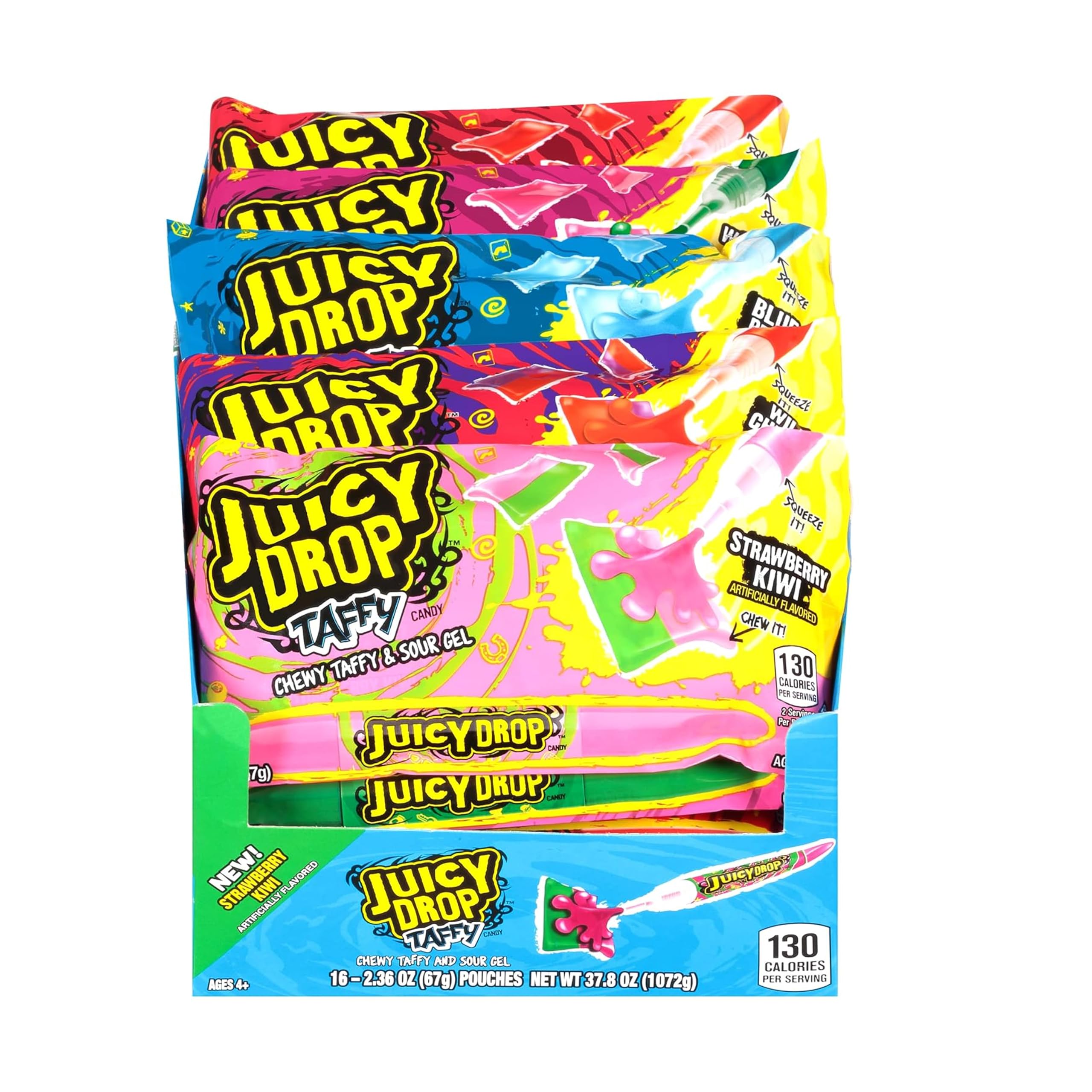 Juicy Drop paquete frontal con 16 taffy surtidos mostrando variedad