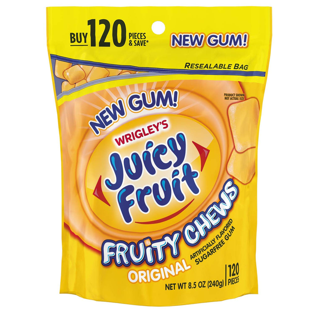 Juicy Fruit empaque frontal mostrando el pack de 3 y 120 piezas, conveniente para compartir