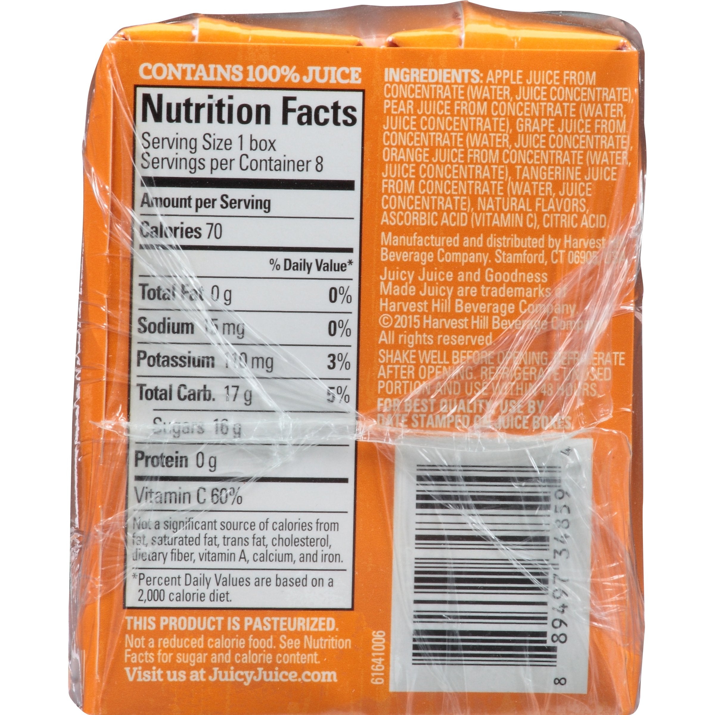 Juicy Juice etiqueta nutricional que resalta 100% jugo y vitamina C