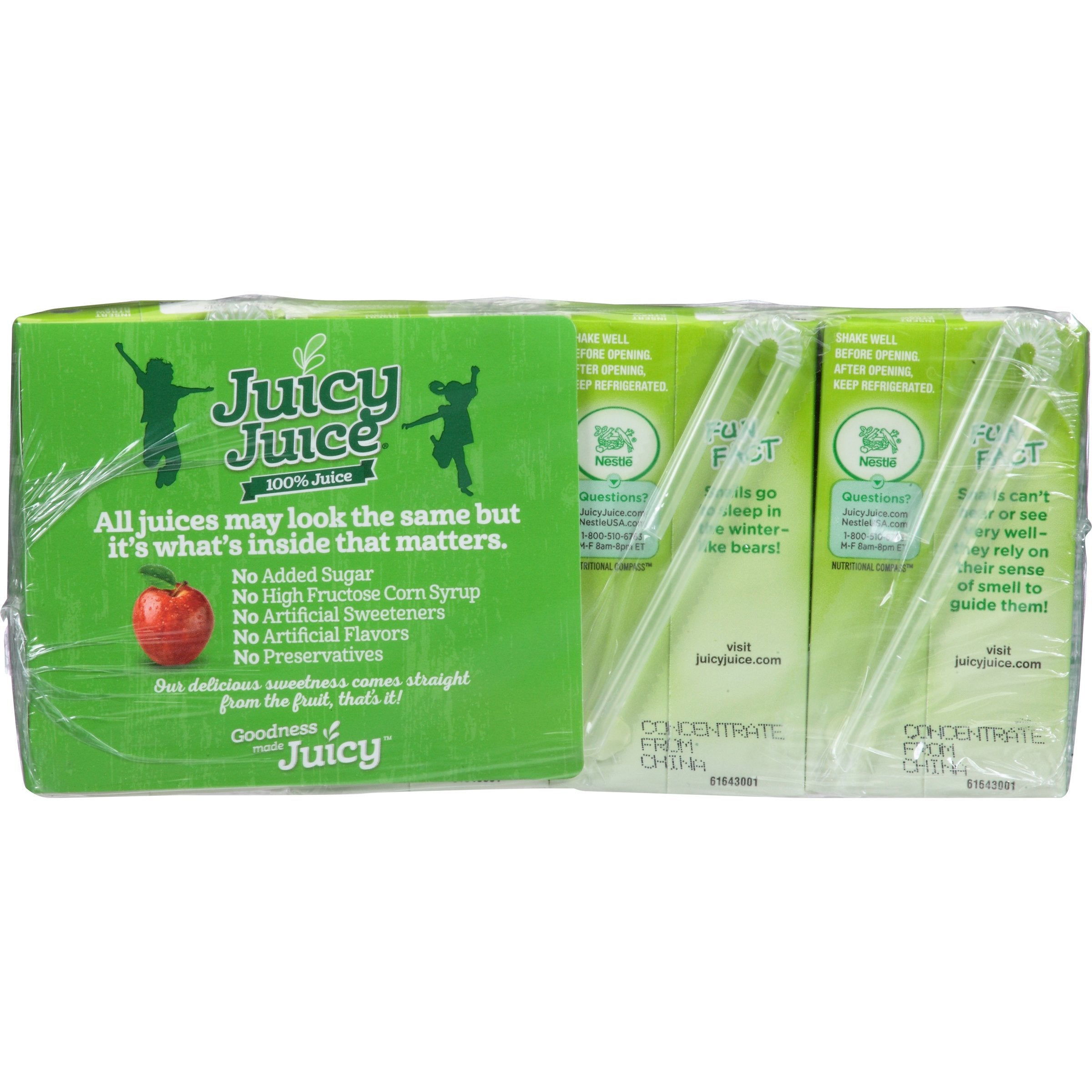 Juicy Juice comparación de tamaño junto a una mano, muestra porción controlada