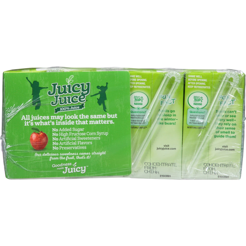 Juicy Juice comparación de tamaño junto a una mano, muestra porción controlada