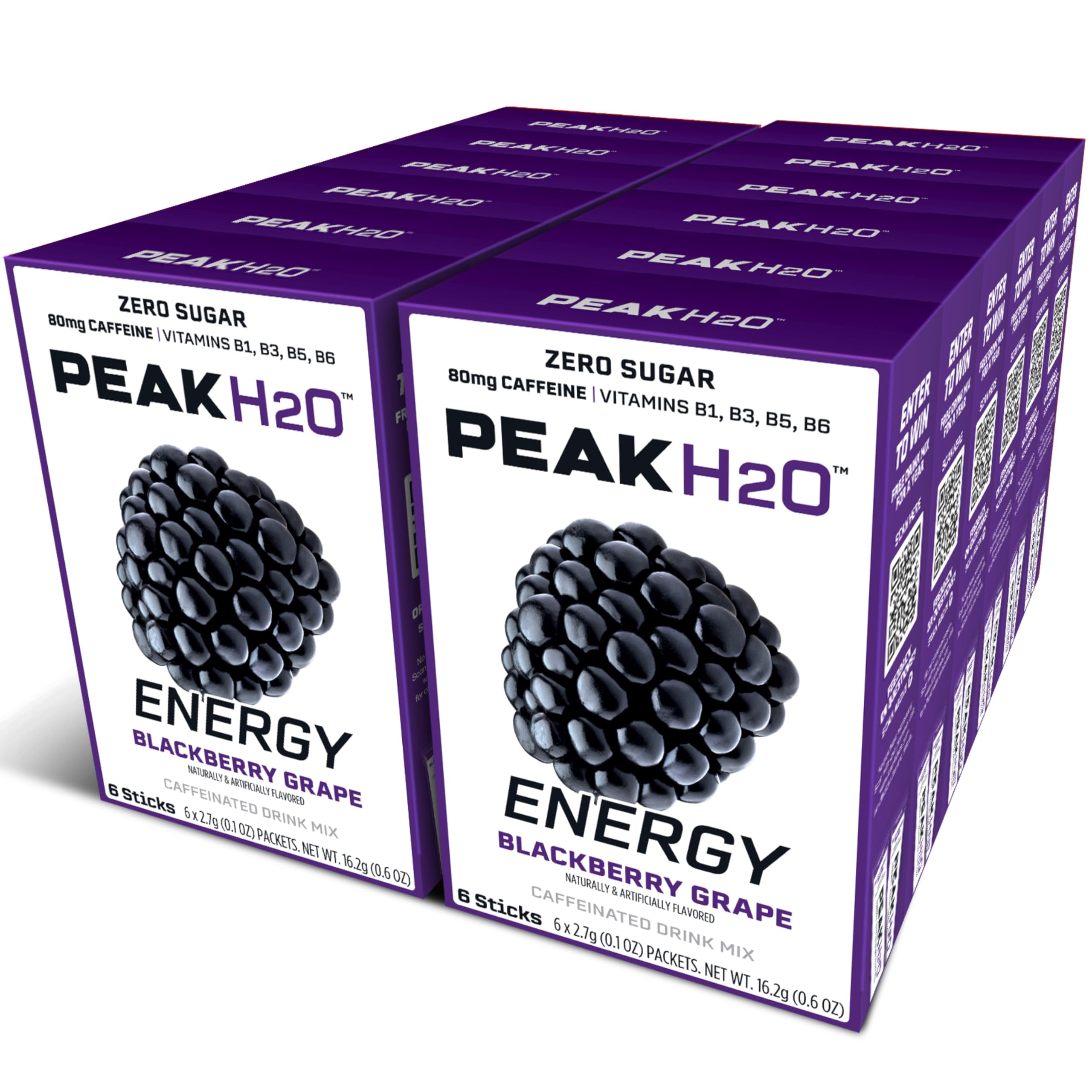 Juicy Mixes PeakH2O frente del paquete mostrando 72 sobres y sabor blackberry
