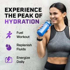 Juicy Mixes PeakH2O sobre en mochila junto a toalla de gimnasio para hidratación conveniente