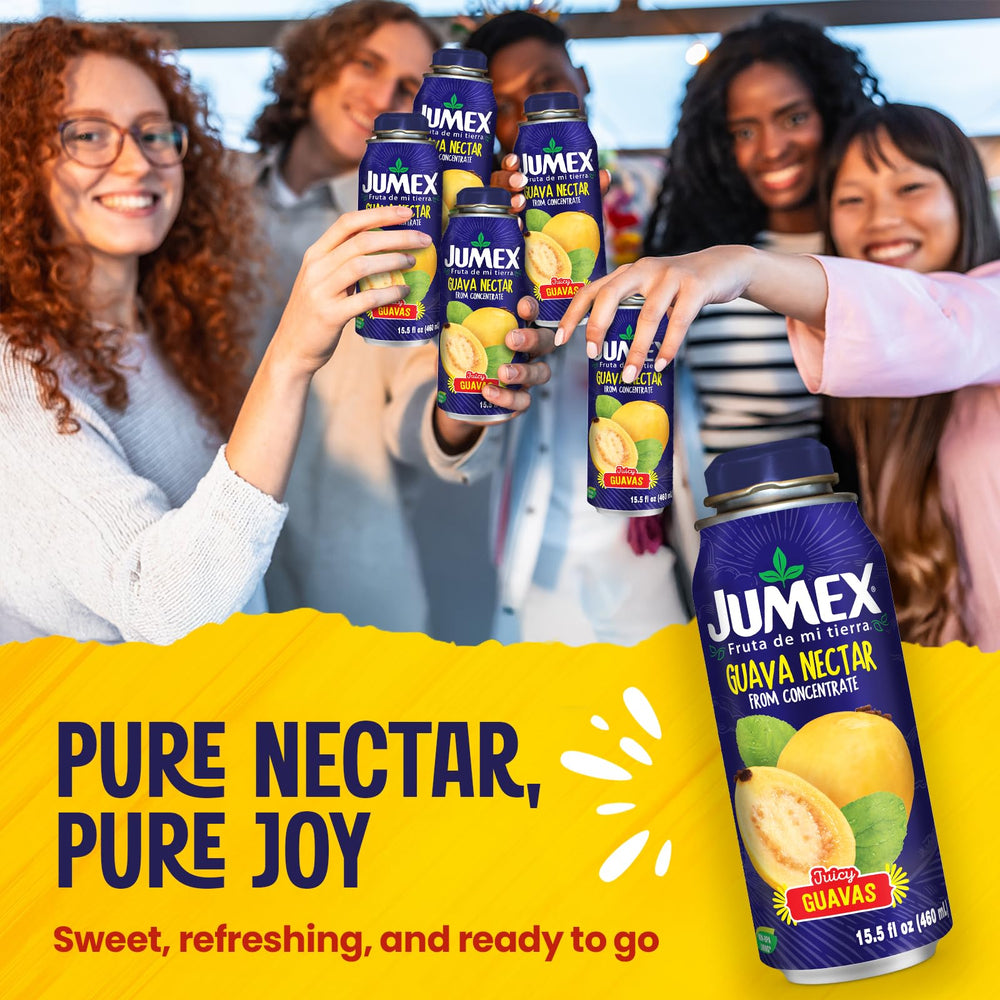 Jumex botella abierta vertiendo néctar, uso listo para beber y mezclar