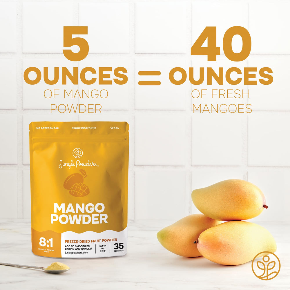 Etiqueta del paquete Jungle Powders con información del producto y sin aditivos