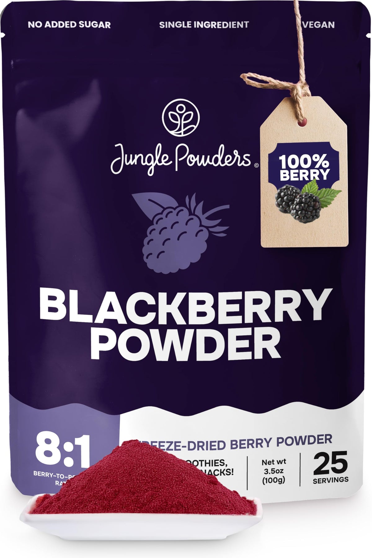 Jungle Powders bolsa frontal mostrando producto y beneficio de almacenamiento práctico